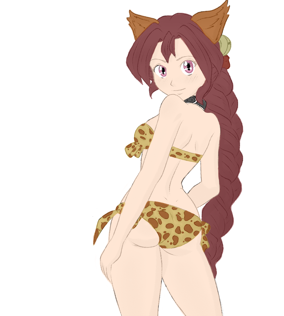 1girls animal_ears bell bikini collar color dark_chronicle dark_cloud dark_cloud_2 dat_ass female leopard long_hair looking_at_viewer monica monica_raybrandt outfit pink_eyes red_hair ribbon solo