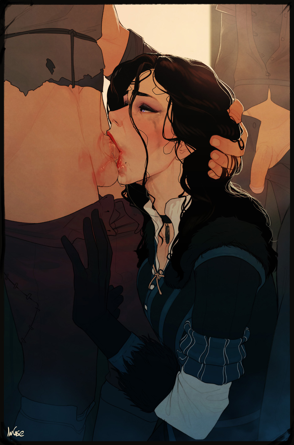 1girls, 2boys, all the way to the base, balls, balls deep, black gloves, black hair, blue eyes, cd projekt red, cheating, cheating girlfriend, cheating wife, choker, clothed sex, clothes, deepthroat, deepthroat holder, deepthroat mark, drool, drooling, eyeshadow, face fucking, fellatio, female, gag, gagged, gangbang, gloves, goth, hand on head, head grab, incase, irrumatio, kneeling, light skin, light-skinned female, lipstick, lipstick mark, lipstick on balls, lipstick on penis, long hair, male, mascara, messy hair, oral, pale skin, pale-skinned female, penis, petite, pleasure face, purple eyes, purple eyeshadow, red lipstick, runny makeup, saliva, saliva drip, saliva string, saliva trail, seductive eyes, seductive mouth, slim, sloppy, sorceress, straight, sweat, the witcher (series), the witcher 3: wild hunt, throat bulge, tongue, tongue out, violet eyes, witch, yennefer
