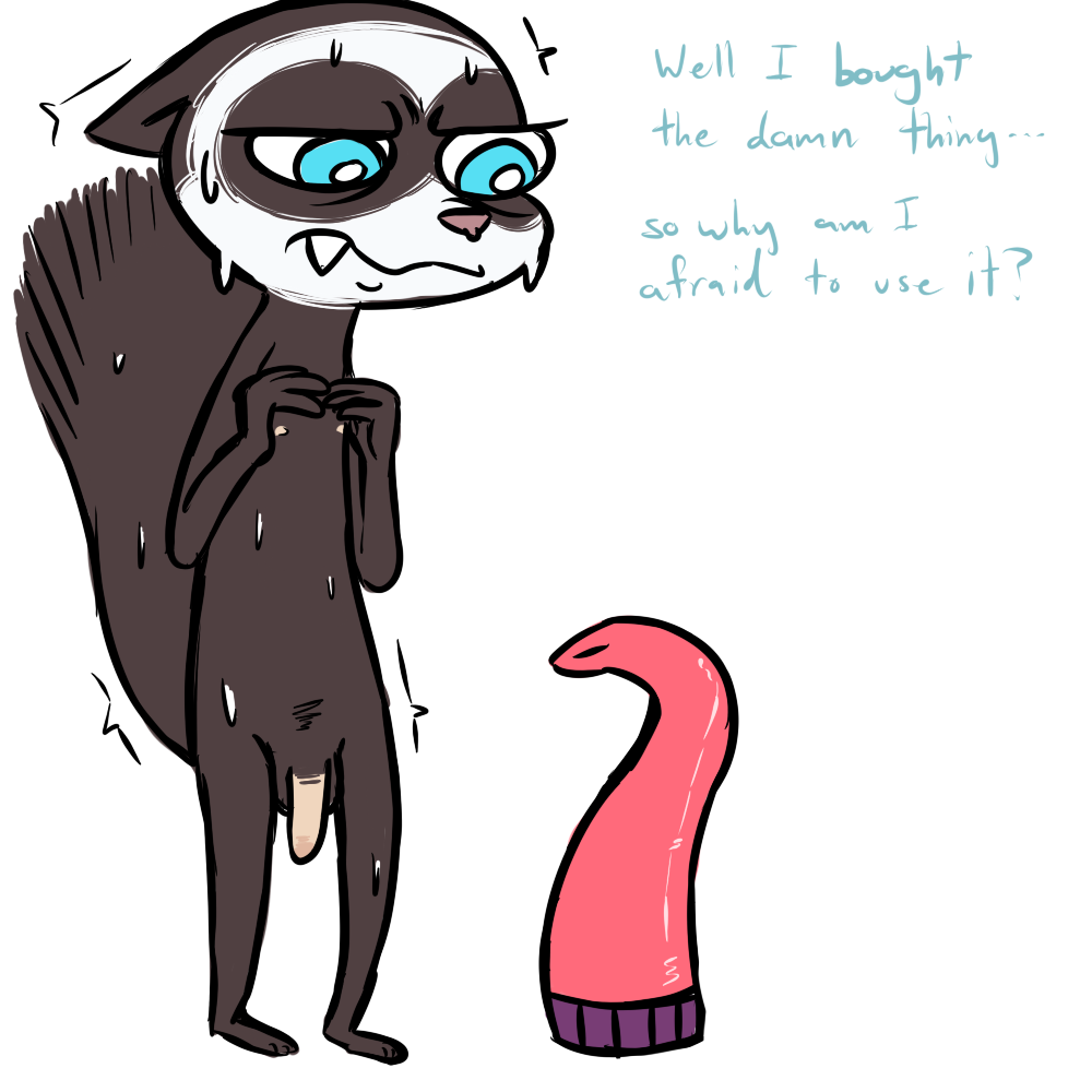 1boy 2016 anthro cute_fangs dialogue dildo disney english_text fan_character inkyfrog male male_only mammal mustelid nude penis percy_vison polecat sex_toy simple_background solo standing sweat teal_eyes text white_background zootopia