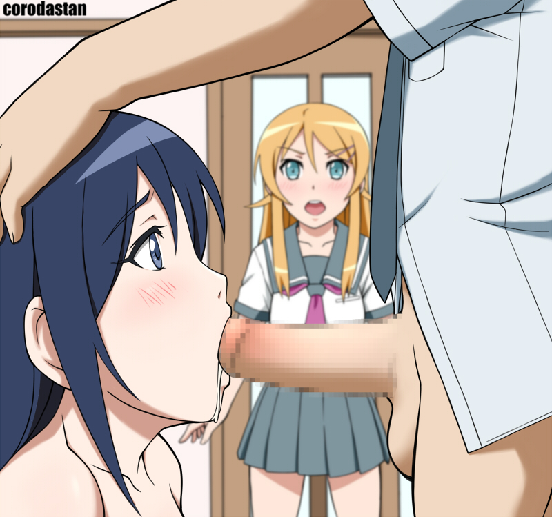 2girls aqua_eyes aragaki_ayase artist_name blue_eyes blue_hair blurry blush censored commentary_request corodastan cum cum_in_mouth depth_of_field fellatio hair_ornament hairclip hand_on_another's_head kousaka_kirino kousaka_kyousuke long_hair mosaic_censoring multiple_girls necktie open_mouth oral ore_no_imouto_ga_konna_ni_kawaii_wake_ga_nai partial_male penis profile school_uniform serafuku testicles