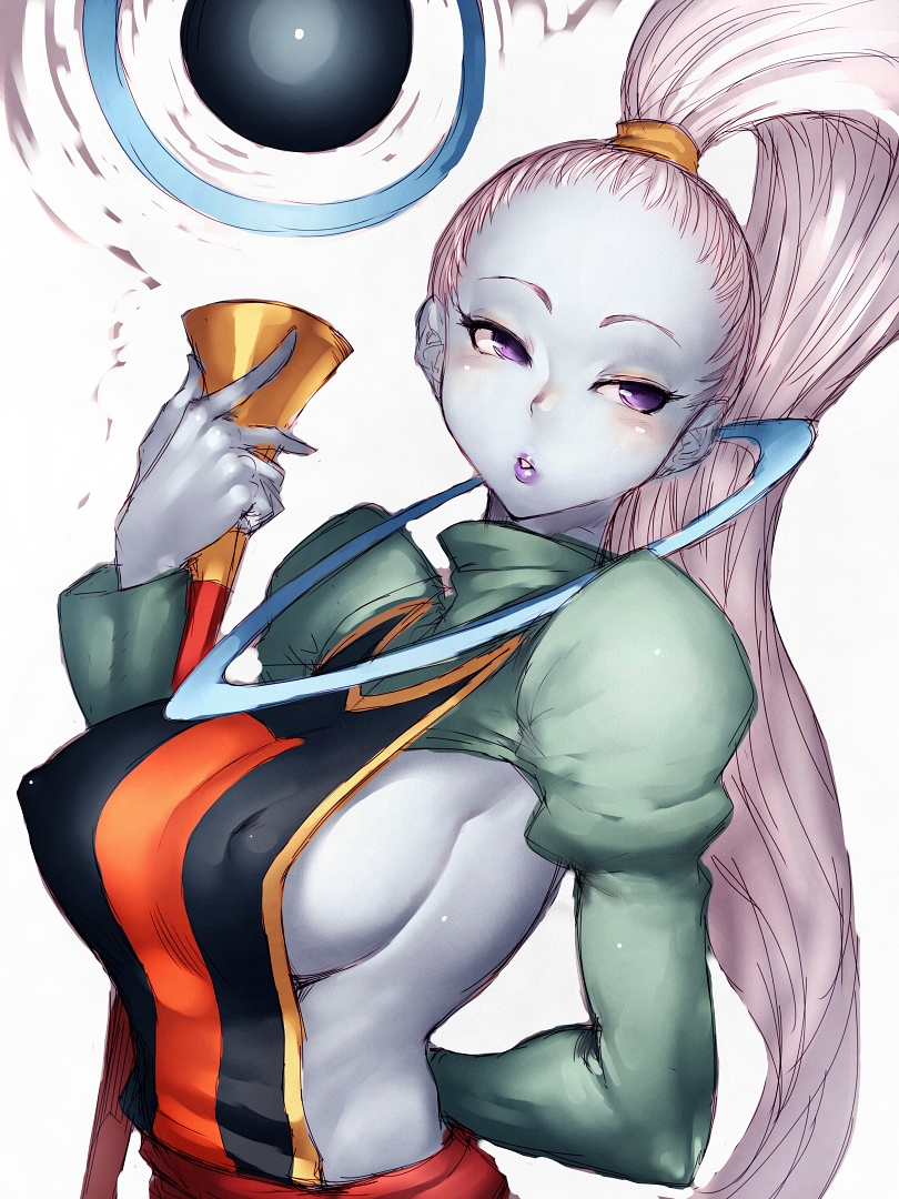 1girls, angel, angel (dragon ball), arm behind back, blue skin, breasts, dragon ball, dragon ball super, erect nipples, female, female only, fully clothed, fumio (rsqkr), long hair, looking to the side, nipples, pale skin, ponytail, purple eyes, sideboob, simple background, solo, tied hair, vados, very long hair, white background, white hair