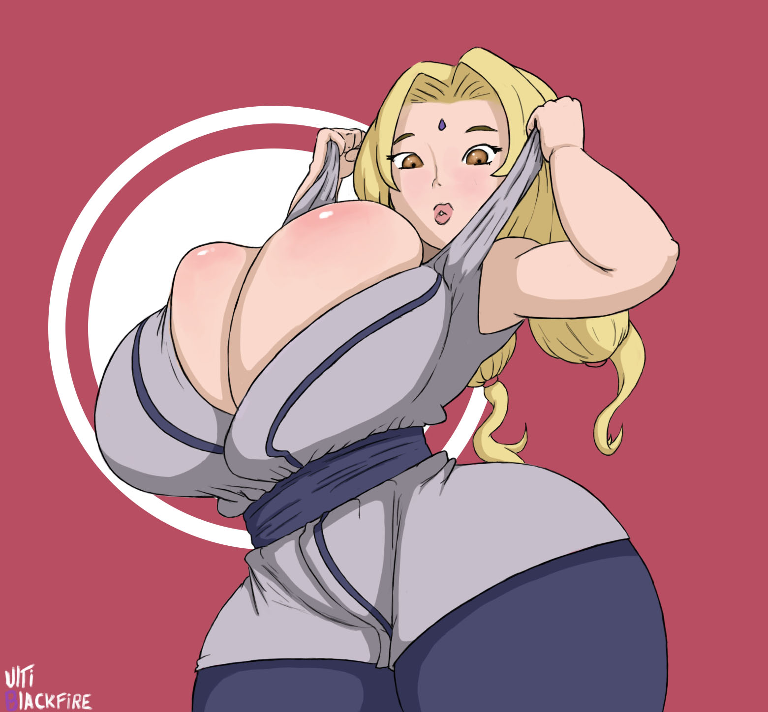 1girls, big breasts, blonde hair, breasts, brown eyes, cleavage, clothing, clothing pull, facial mark, female, female only, forehead mark, hourglass figure, huge breasts, kimono, naruto, naruto (series), naruto shippuden, sash, short kimono, sleeveless, tied hair, tsunade, twintails, ultiblackfire, voluptuous, wide hips