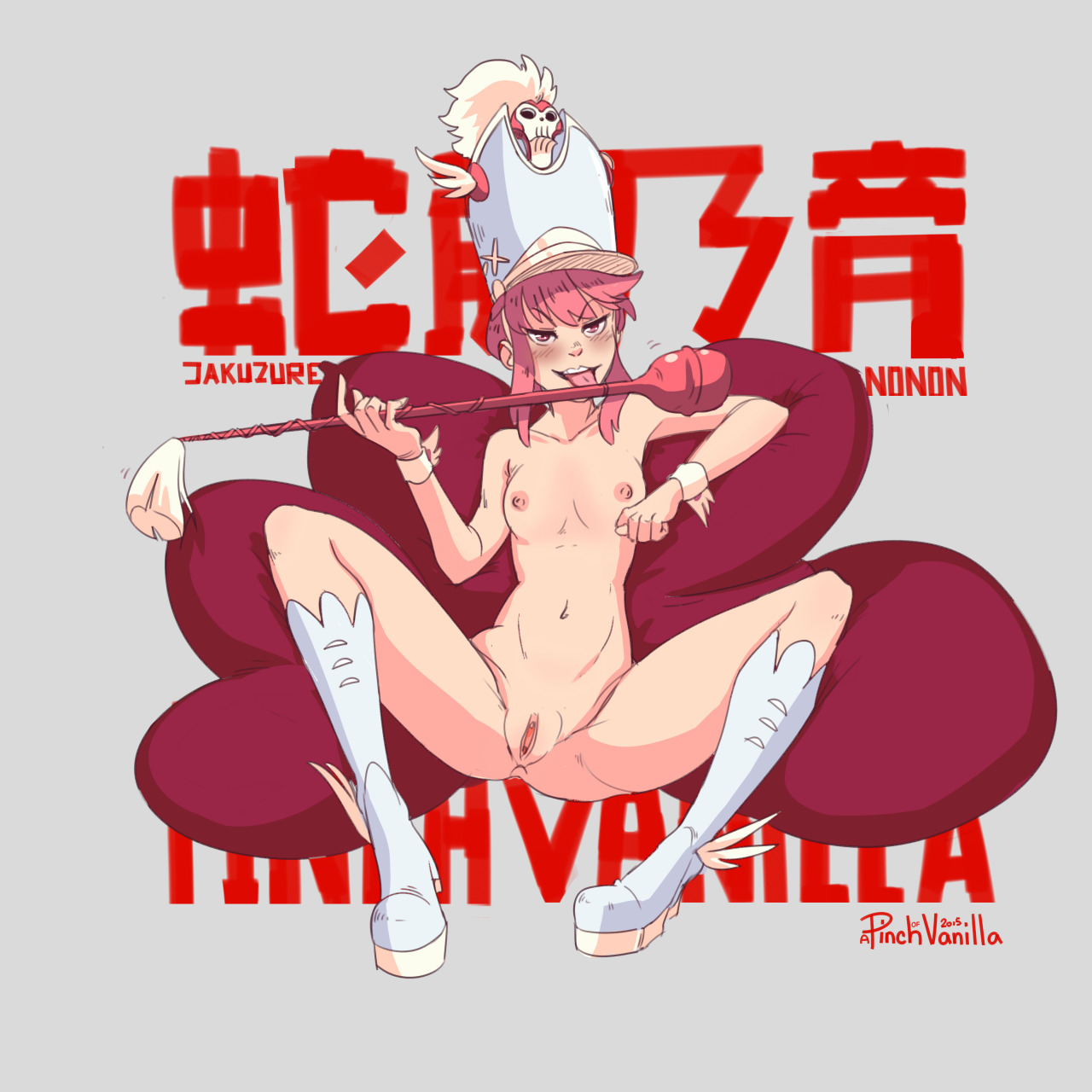 1girls, a pinch of vanilla, blush, female, female only, hat, highres, jakuzure nonon, kill la kill, licking, nipples, open mouth, pink eyes, pink hair, pussy, shako cap, sidelocks, solo, uncensored