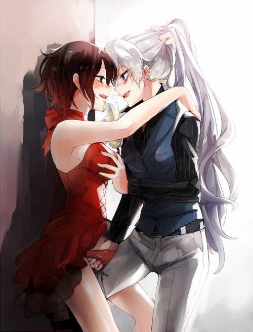 blush, breast grab, breasts, champagne, drunk, female, fingering, lesbian sex, makundsf, red hair, ruby rose, rwby, silver eyes, wall, weiss schnee, white hair, white panties, yuri