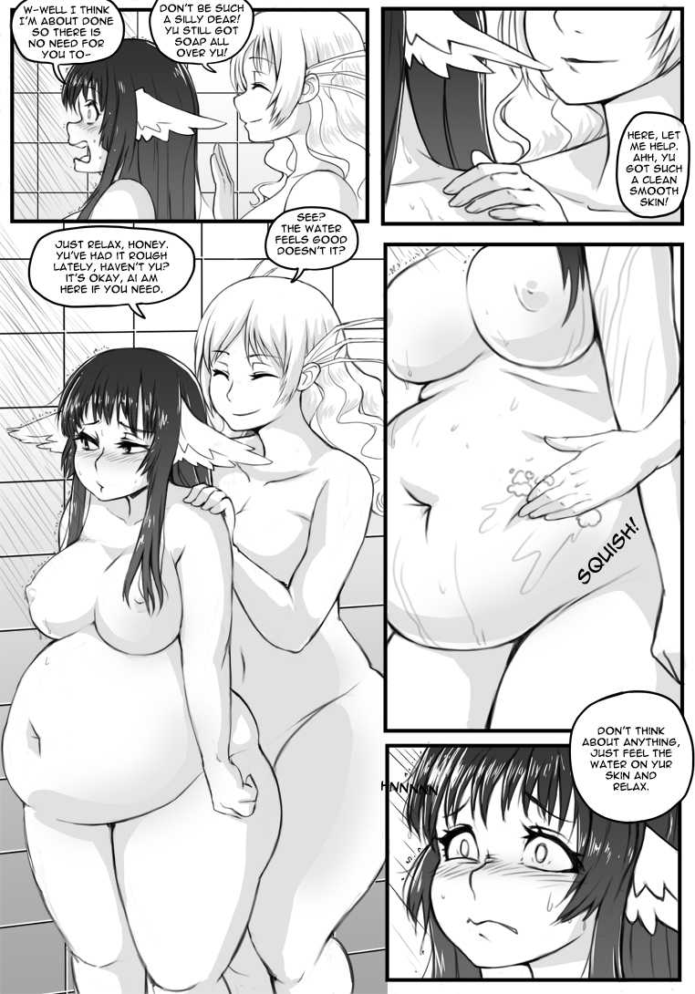 big belly, chubby, female, grabbing, grabbing another's belly, grabbing from behind, groping, groping belly, groping from behind, kipteitei, stuffed belly, stuffing, weight gain, yuri