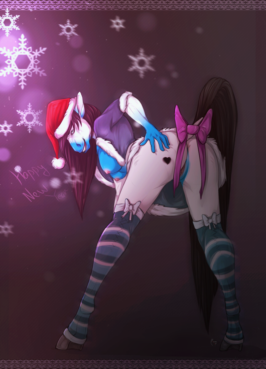 anthro ass bent_over breasts christmas clothed clothing draft_horse equine female hat holidays horse hybrid legwear looking_at_viewer mammal nipples pussy santa_hat smile solo standing stockings straw_berry unistaart vampire