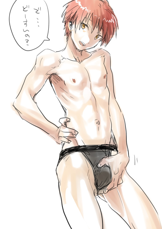 1boy akabane_karma assassination_classroom crotch groping jockstrap male_only naughty_face red_hair solo topless underwear