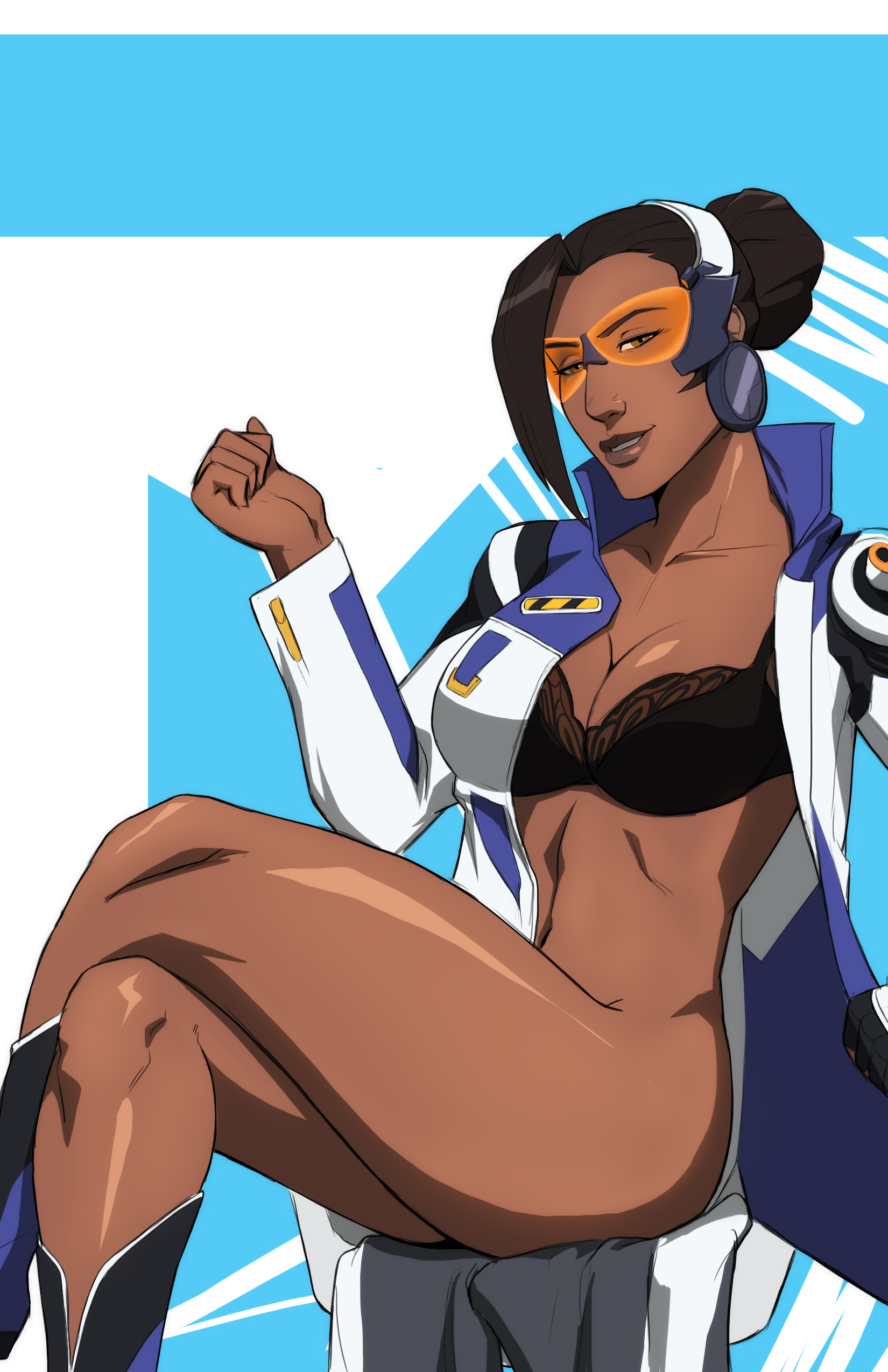 1girls, 2016, 2d, ass, bad deviantart id, bad id, black bra, black hair, blizzard entertainment, bra, breasts, brown eyes, cleavage, crossed legs, dark skin, dark-skinned female, eyelashes, female, female only, glasses, grey hair, hair bun, human, indian, jacket, large breasts, legwear, lipstick, long hair, looking at viewer, naavs, navel, open clothes, overwatch, shiny skin, shoes, sitting, solo, stomach, symmetra, vishkar symmetra