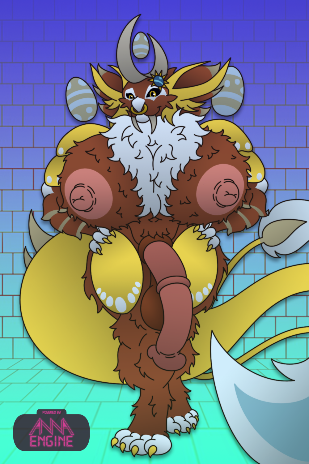 4_toes 5_fingers abs animal_genitalia animal_penis annaengine anthro aranga_(dragon_adventures) areola arm_tuft balls biceps big_areola big_balls big_breasts big_nipples big_penis big_tail blue_background breast_tuft breasts brooch brown_body brown_fur busty_boy cheek_tuft chest_fur chest_tuft claws digital_drawing_(artwork) digital_media_(artwork) digitigrade dragon dragon_adventures easter easter_egg equine_genitalia equine_penis facial_piercing facial_tuft fan_character fangs feet fingers flaccid fluffy fluffy_breasts fluffy_chest front_view fur fur_markings futanari genitals gynomorph hands_on_hips hi_res holidays horn intersex leg_tuft looking_at_viewer male male_(lore) male_boobs male_with_breasts markings medial_ring moobs multicolored_body multicolored_fur muscular muscular_anthro muscular_gynomorph muscular_intersex mythological_creature mythological_scalie mythology navel nipples nose_piercing nose_ring nude paws penis piercing ring_piercing roblox sabertooth_(anatomy) saggy_balls scales scalie sharp_teeth simple_background smile smiling_at_viewer solo spikes spikes_(anatomy) spots spotted_body spotted_markings striped_body striped_fur striped_markings stripes tail teeth toe_claws toes tuft white_body white_fur yellow_body