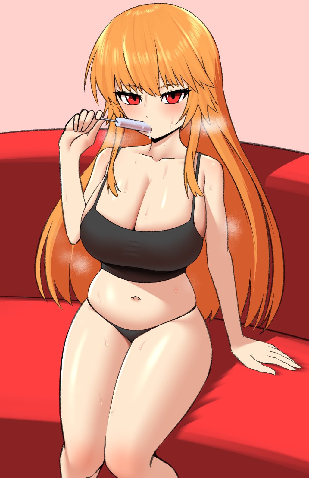 big breasts, bra, breasts, female, inkling, inkling girl, kaori (splatoon), looking at viewer, nobunagapero, orange, orange hair, peronattu, plump thighs, popsicle, red eyes, sitting on couch, splatoon