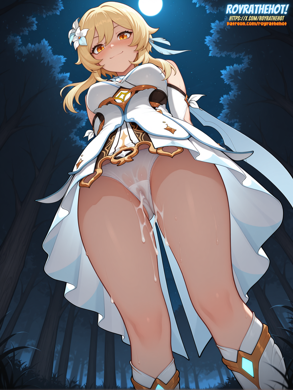ai_generated arms_behind_back blonde_hair cum_in_panties female forest from_below genshin_impact hair_between_eyes hair_feathers hair_flower light-skinned_female light_skin lumine_(genshin_impact) moon moonlight night orange_eyes outdoors petite public royrathehot sidelocks solo upskirt watermark wet_panties white_panties