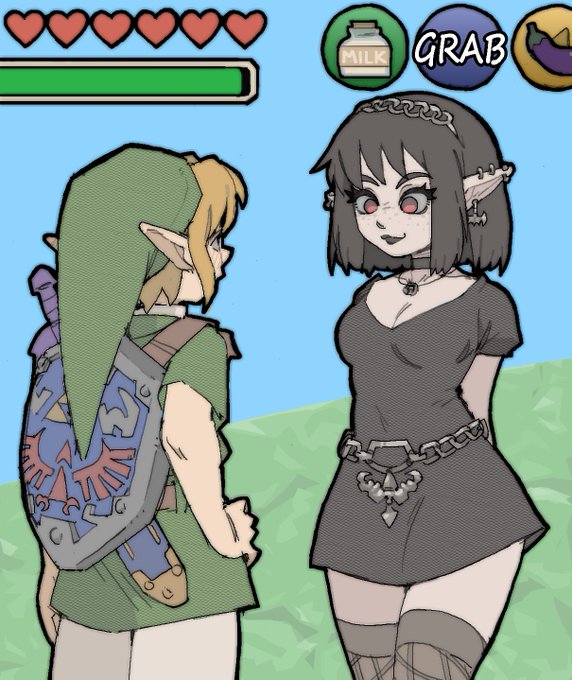 1boy, 1girls, amlogamer, black hair, blush, earrings, elf, female, gameplay mechanics, goth, link, male, nintendo, piercing, the legend of zelda