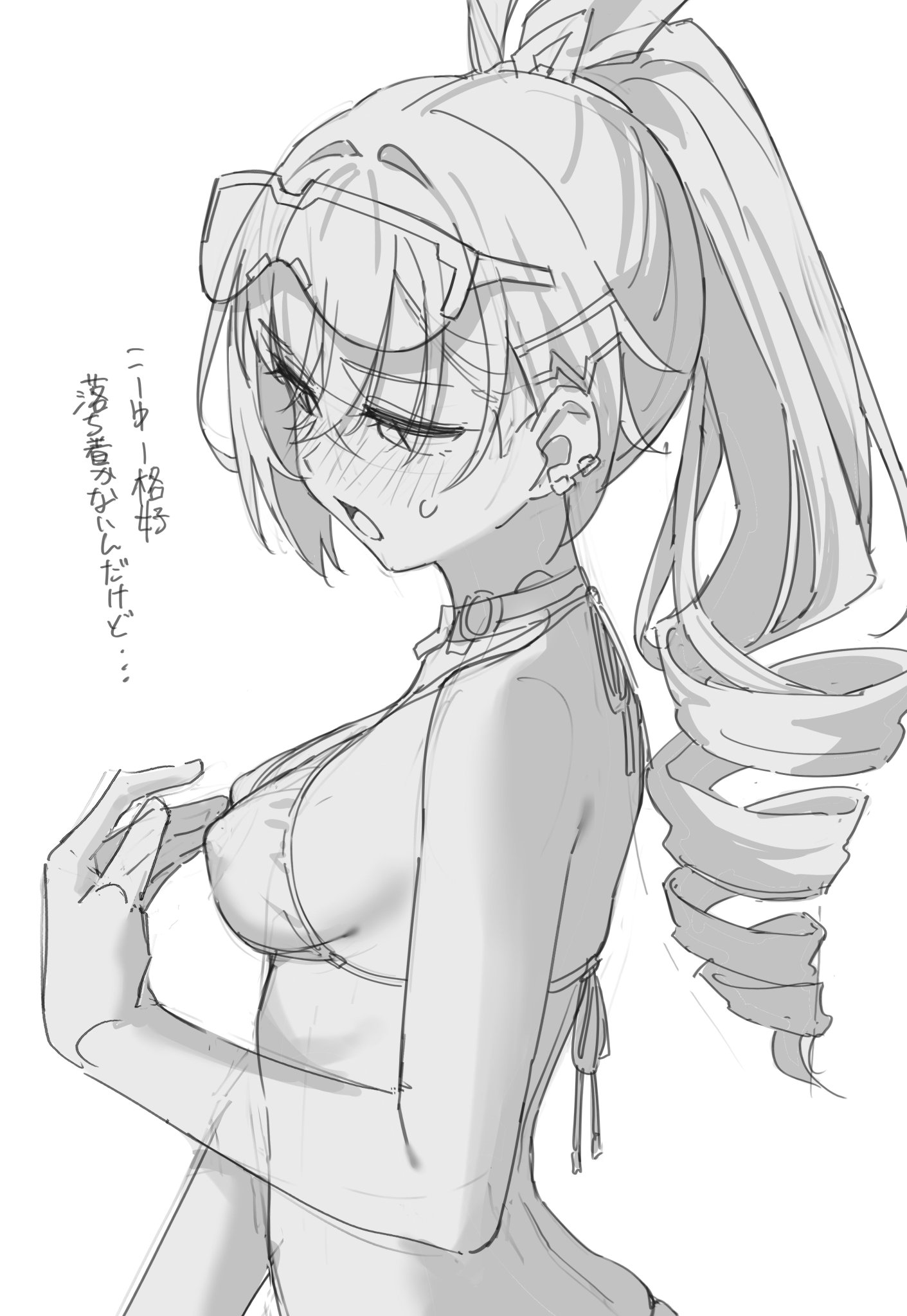 1girls, bikini, blush, female, green tea (matchaistasty), highres, honkai (series), honkai: star rail, long hair, mihoyo, monochrome, silver wolf (honkai: star rail), sketch, solo female, solo focus