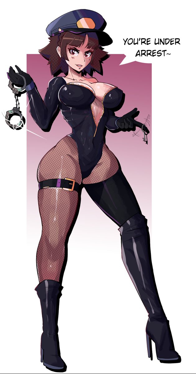 aiden_core cop_outfit cop_uniform dominant_female edited female fishnets handcuffs keys makoto_niijima persona_5 police_hat police_uniform sexy_clothing sexy_outfit suggestive_clothing unzipped
