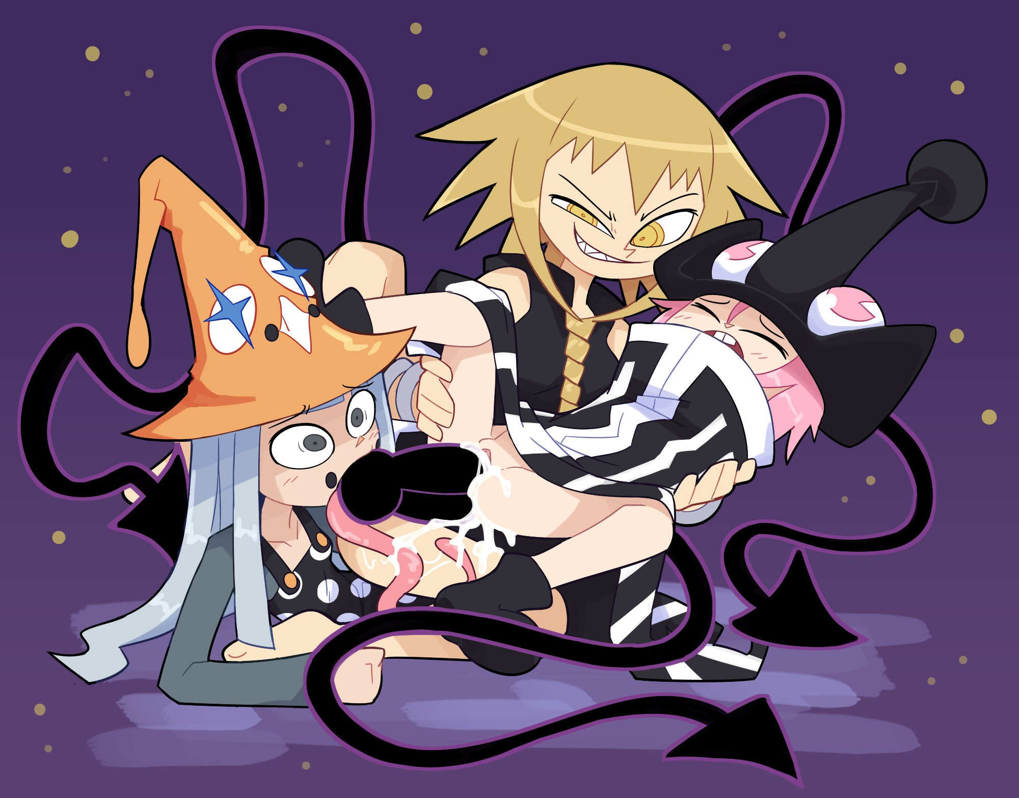 1futa, 2girls, after orgasm, after sex, alternate version available, anal, anal sex, ass, blonde futa, blonde hair, blowjob, blue eyes, cum, cum in ass, cum in pussy, cum inside, cum on tongue, diphallia, diphallism, double penetration, eruka frog, fellatio, female, futa on female, futa penetrating, futa/female/female, futanari, grey eyes, hand on head, intersex, intersex penetrating, intersex/female, light skin, light-skinned female, light-skinned futa, long hair, long tongue, medusa gorgon, miscon, mizune, multi genitalia, multi penis, oral, penis, penis in ass, penis in pussy, pink hair, pussy, soul eater, spread legs, thighs, threesome, tongue, tongue out, tongue wrap, tonguejob, trio, vagina, vaginal penetration, vaginal sex, witch, witch hat, yellow eyes