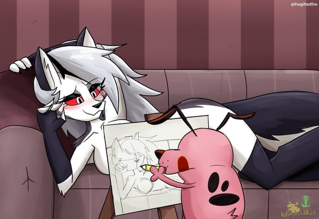 1boy, 1girls, blush, blushing, breasts, cartoon network, censored, courage the cowardly dog, courage the cowardly dog (character), crossover, draw me like one of your french girls, female, furry, helluva boss, loona (helluva boss), lying on couch, lying on side, male, nude, sideboob, thegiftedfire