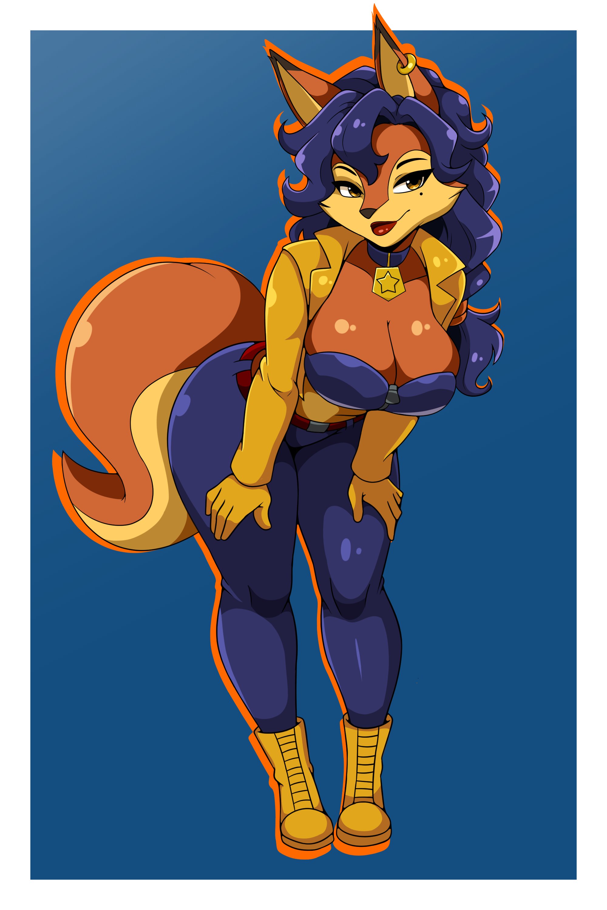 1girls, 2025, 2d, 2d (artwork), 2d artwork, anthro, ass, badge, belt, big ass, big breasts, blue hair, blue jeans, blue-haired female, boots, bra, breasts, carmelita fox, clothed, clothed female, clothing, collar, crop top, cropped jacket, ear ring, female, female focus, female only, fox, fox ears, fox girl, fox humanoid, fox tail, fully clothed, fully clothed female, furry, iggy-bomb, jeans, orange fur, playstation, sly cooper (series), solo, solo female, solo focus, thick thighs, thighs, two-tone fur, yellow fur