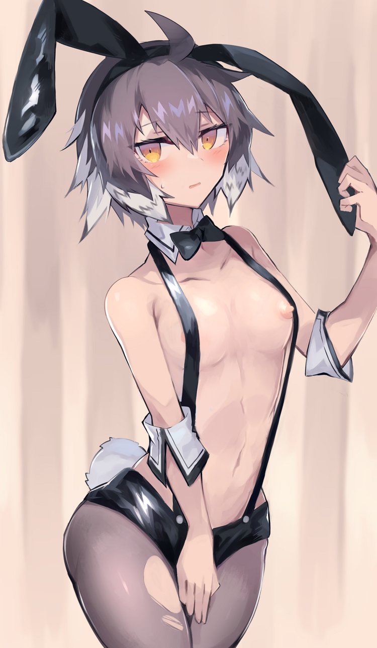 arknights bird_girl breasts bunnysuit fake_animal_ears female nipple_slip plume_(arknights) sasa_onigiri suspenders topless_suspenders