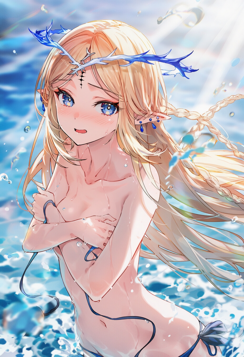 ai generated, bikini top removed, blonde hair, breasts, cartethyia (wuthering waves), covered breasts, covered nipples, curvy female, curvy hips, embarrassed nude female, female, female only, raaicave, sunlight rays, topless, wuthering waves