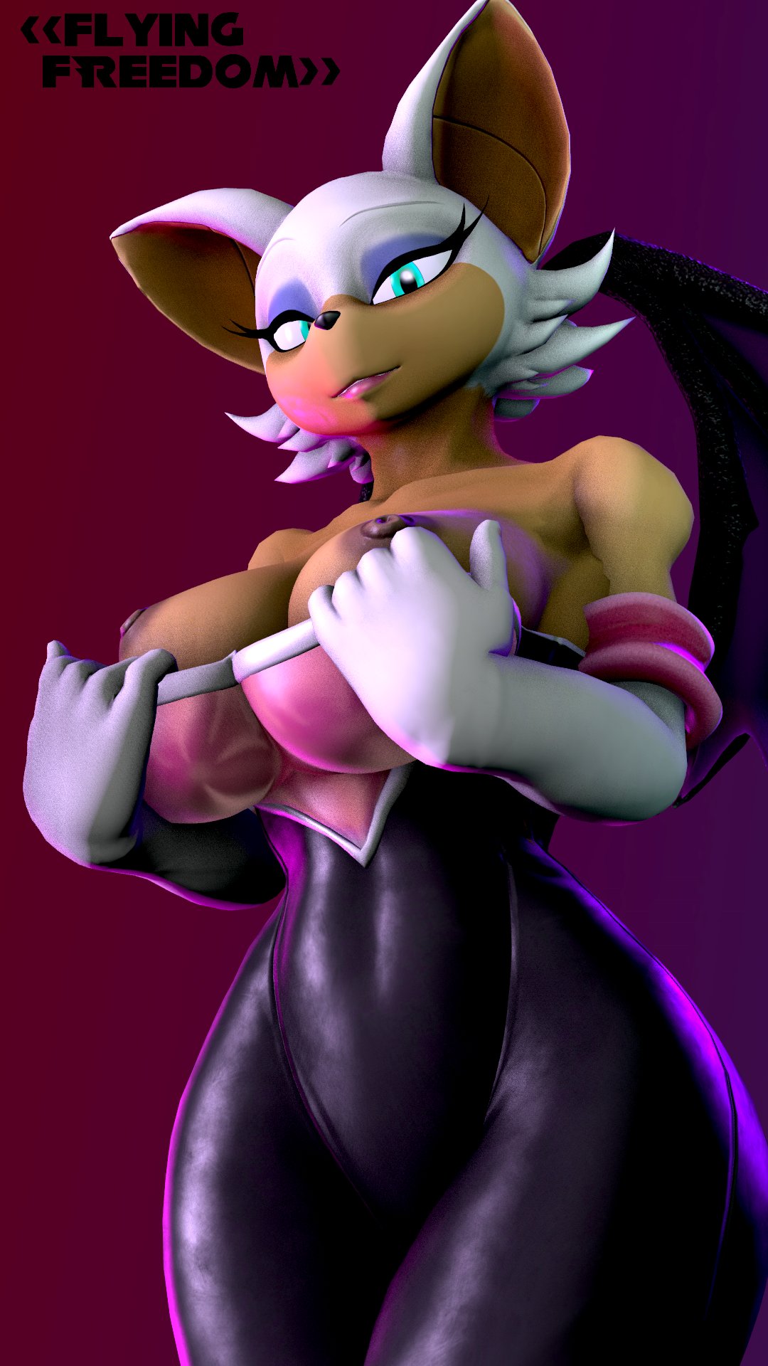 3d (artwork), 5 fingers, anthro, areola, armwear, bat, breasts, brown areola, brown nipples, clothing, digital media (artwork), elbow gloves, eyeshadow, female, fingers, flashing, flashing breasts, flyingfreedom01, fur, gloves, green eyes, half-closed eyes, handwear, hi res, lipstick, looking at viewer, makeup, mammal, membrane (anatomy), membranous wings, narrowed eyes, nipples, rouge the bat, rouge the bat (warfaremchine), sega, signature, simple background, smile, solo, sonic (series), sonic the hedgehog (series), tan body, tan skin, warfare machine, warfare rouge, white body, white fur, wings