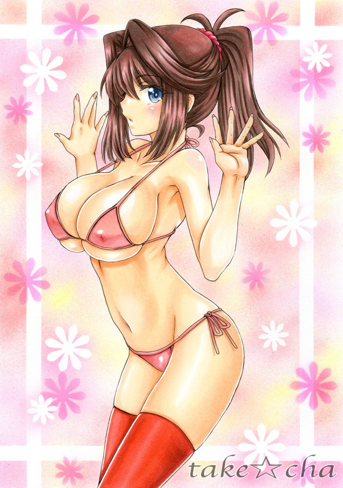 1girls :o alternate_costume alternate_hairstyle armpits bare_shoulders bikini blue_eyes blush breasts brown_hair cleavage collarbone cowboy_shot erect_nipples female female_only floral_background halter_top halterneck human large_breasts looking_at_viewer marker_(medium) nail_polish navel panties pink_bikini pink_nails ponytail profile red_legwear side-tie_bikini side-tie_panties sideboob sketch sleeveless solo swimsuit takecha tea_gardner text thighhighs tied_hair traditional_media underboob underwear watermark yu-gi-oh! yu-gi-oh!_duel_monsters