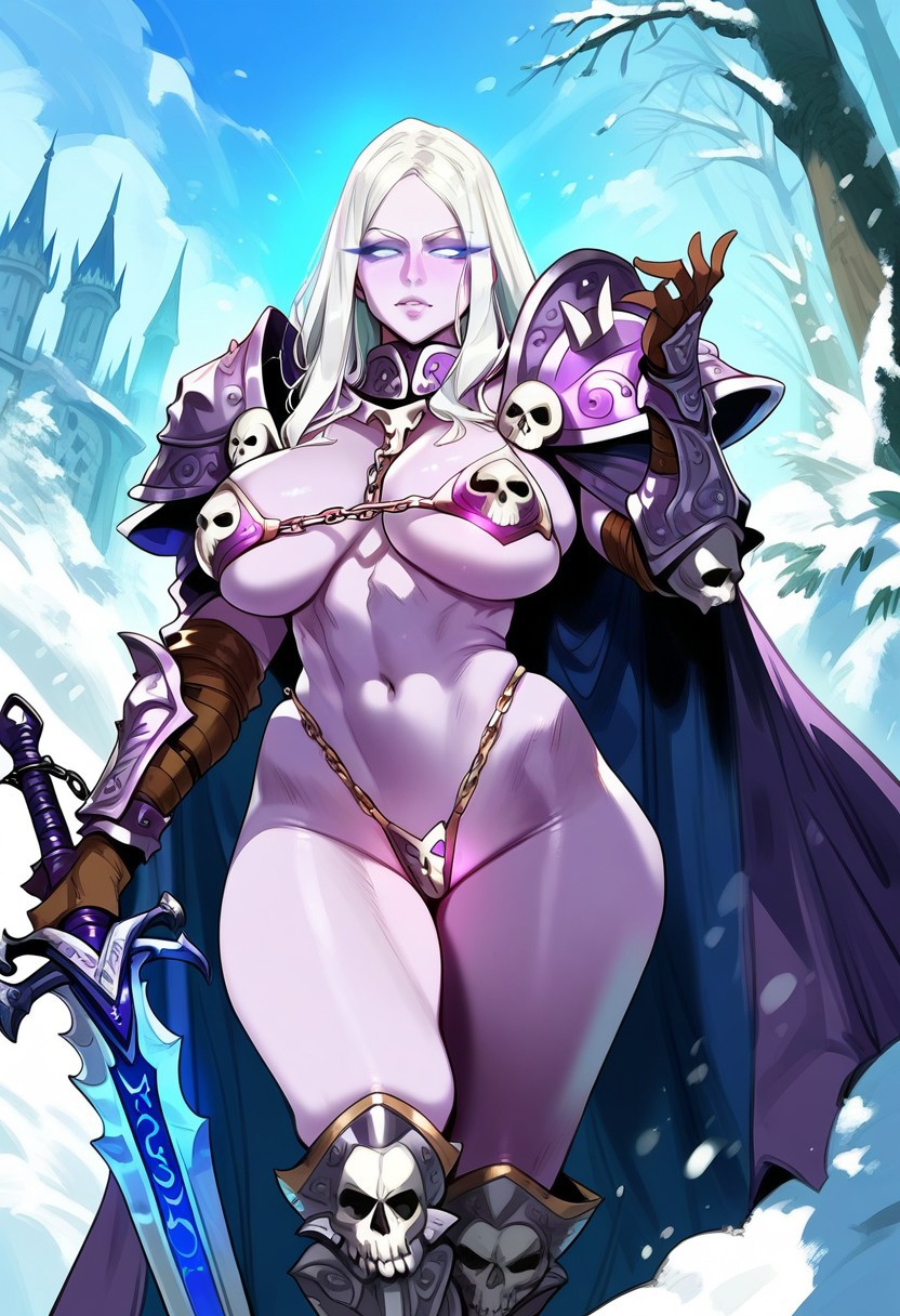 2d, ai generated, armor, arthas menethil, big breasts, bikini, bikini armor, breasts, colored skin, death knight, death knight (warcraft), female, female focus, female only, gauntlets, genderswap, genderswap (mtf), long hair, outdoors, pauldrons, rule 63, shoulder armor, snow, solo, solo female, solo focus, sword, tagme, warcraft, white hair, world of warcraft
