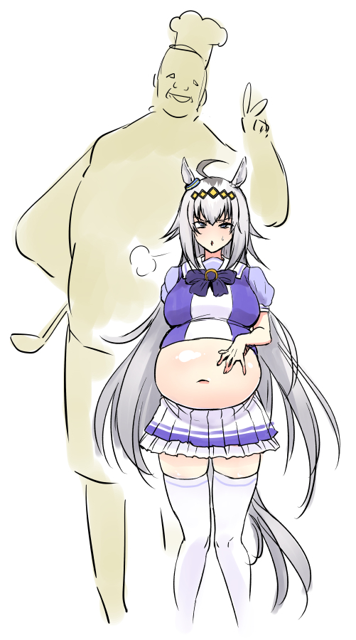 1boy, 1girls, ahemaru, breasts, female, male, medium breasts, navel, oguri cap (umamusume), plump, pregnant, sweat, thighs, umamusume