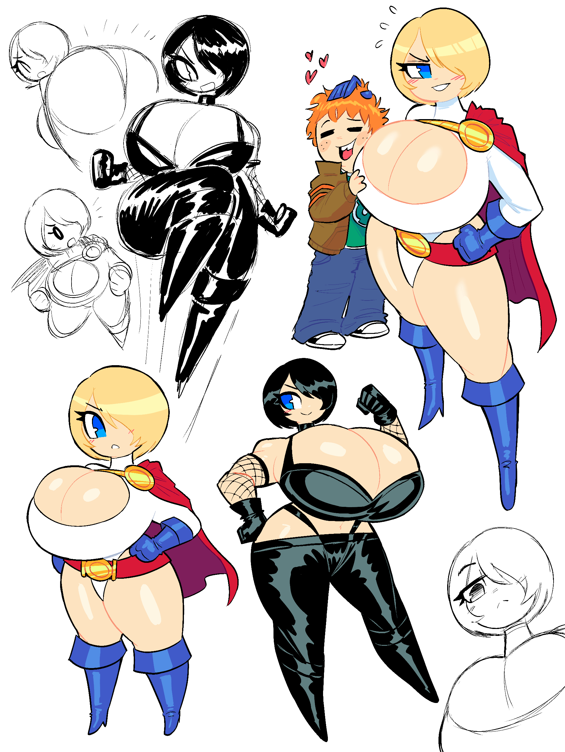 1boy, 2girls, alien, alien girl, alien humanoid, ass, atlee, big breasts, black hair, blonde female, blonde hair, blue eyes, blush, boob window, breast focus, breasts, cape, cleavage cutout, cleavage overflow, dc, dc comics, divine (dc), female, fisher (dc), gloves, huge ass, huge breasts, ilikestuffdoyou, karen starr, male, pose, power girl, short hair, superheroine, superman (series), theguywhodrawsalot, thick thighs, tight clothing, white female