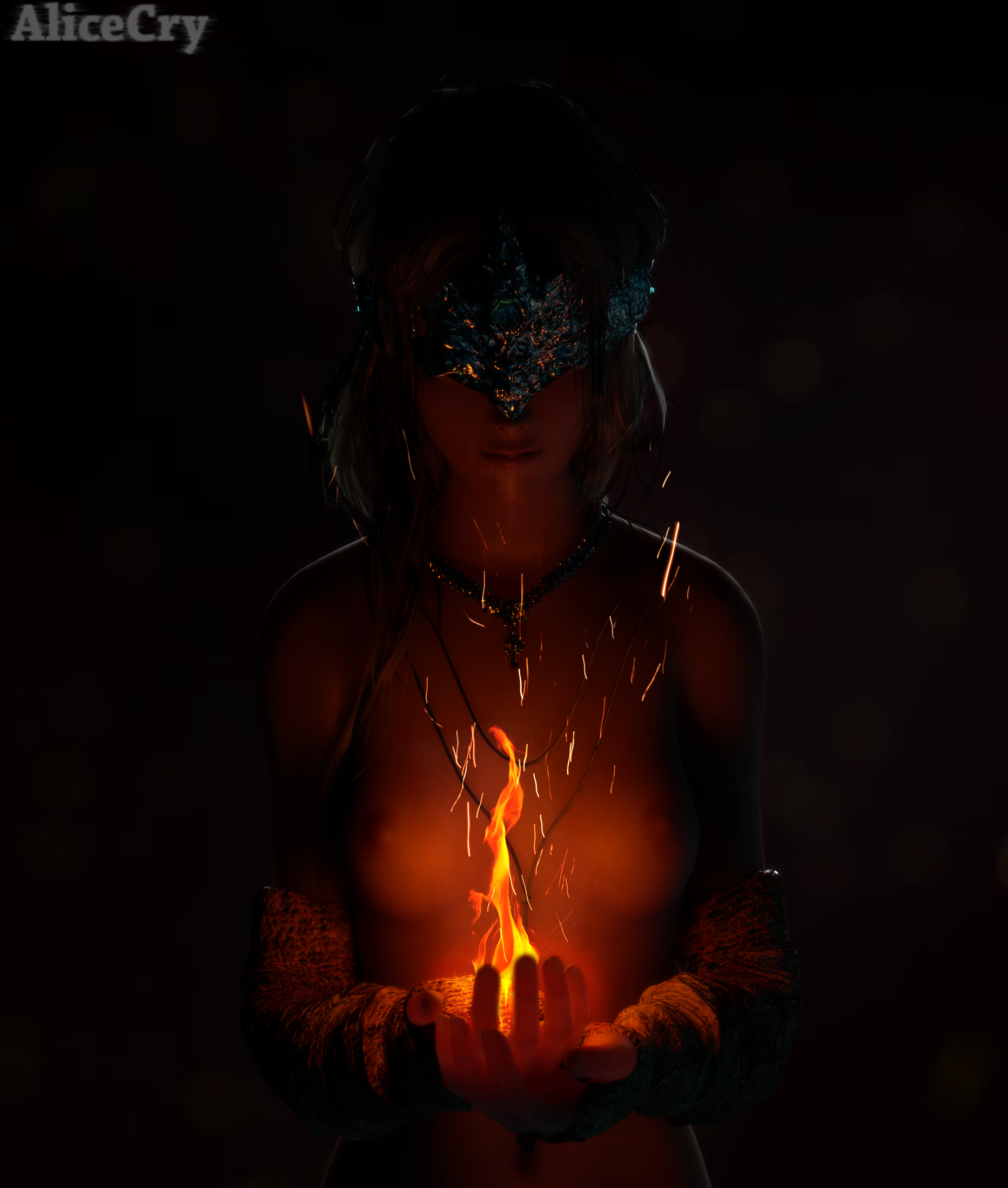 1girls, 2016, 3d, 5 fingers, alicecry, areolae, bare shoulders, breasts, dark souls, dark souls 3, female, female only, fire, fire keeper, fromsoftware, grey hair, hands, human, lips, lipstick, long hair, medium breasts, necklace, nipples, nose, nude, solo, upper body