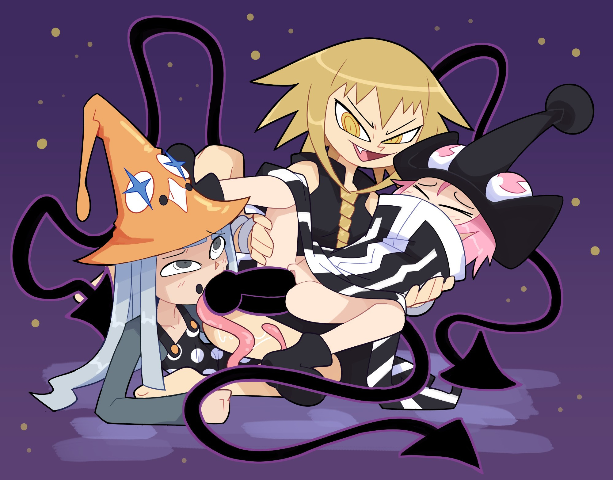 1futa, 2girls, alternate version available, anal, anal sex, ass, blonde futa, blonde hair, blowjob, blue hair, diphallia, diphallism, double penetration, eruka frog, fellatio, female, frog tongue, futa on female, futa penetrating, futa/female/female, futanari, grey eyes, hand on head, intersex, intersex penetrating, intersex/female, light skin, light-skinned female, light-skinned futa, long hair, long tongue, medusa gorgon, miscon, mizune, multi genitalia, multi penis, oral, penis, penis in ass, penis in pussy, pink hair, pussy, saliva, saliva on thigh, saliva string, saliva trail, soul eater, spread legs, thighs, threesome, tongue, tongue out, tongue wrap, tonguejob, trio, vagina, vaginal penetration, vaginal sex, witch, witch hat, yellow eyes