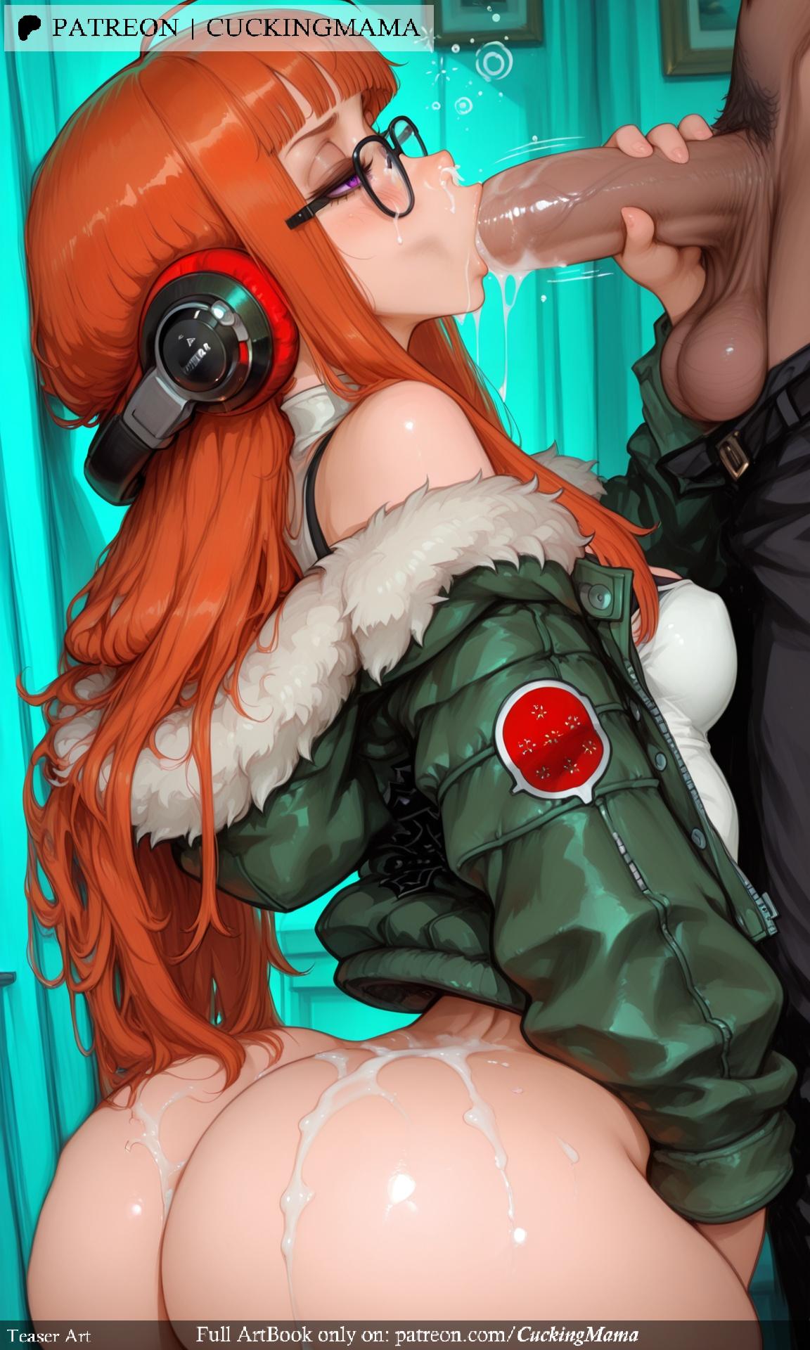 2d, ai generated, ass, balls, bangs, bare shoulders, behind-the-head headphones, black-framed eyewear, blunt bangs, blush, cuckingmama, cum, cum on ass, cum on body, cum on glasses, ejaculation, erection, eyebrows visible through hair, fellatio, female, fur collar, fur trim, fur-trimmed jacket, glasses, green jacket, handjob, headphones, jacket, long hair, lying, male, male pubic hair, off shoulder, on stomach, oral, orange hair, penis, persona, persona 5, pubic hair, round eyewear, sakura futaba, solo focus, straight, tagme, testicles, thong