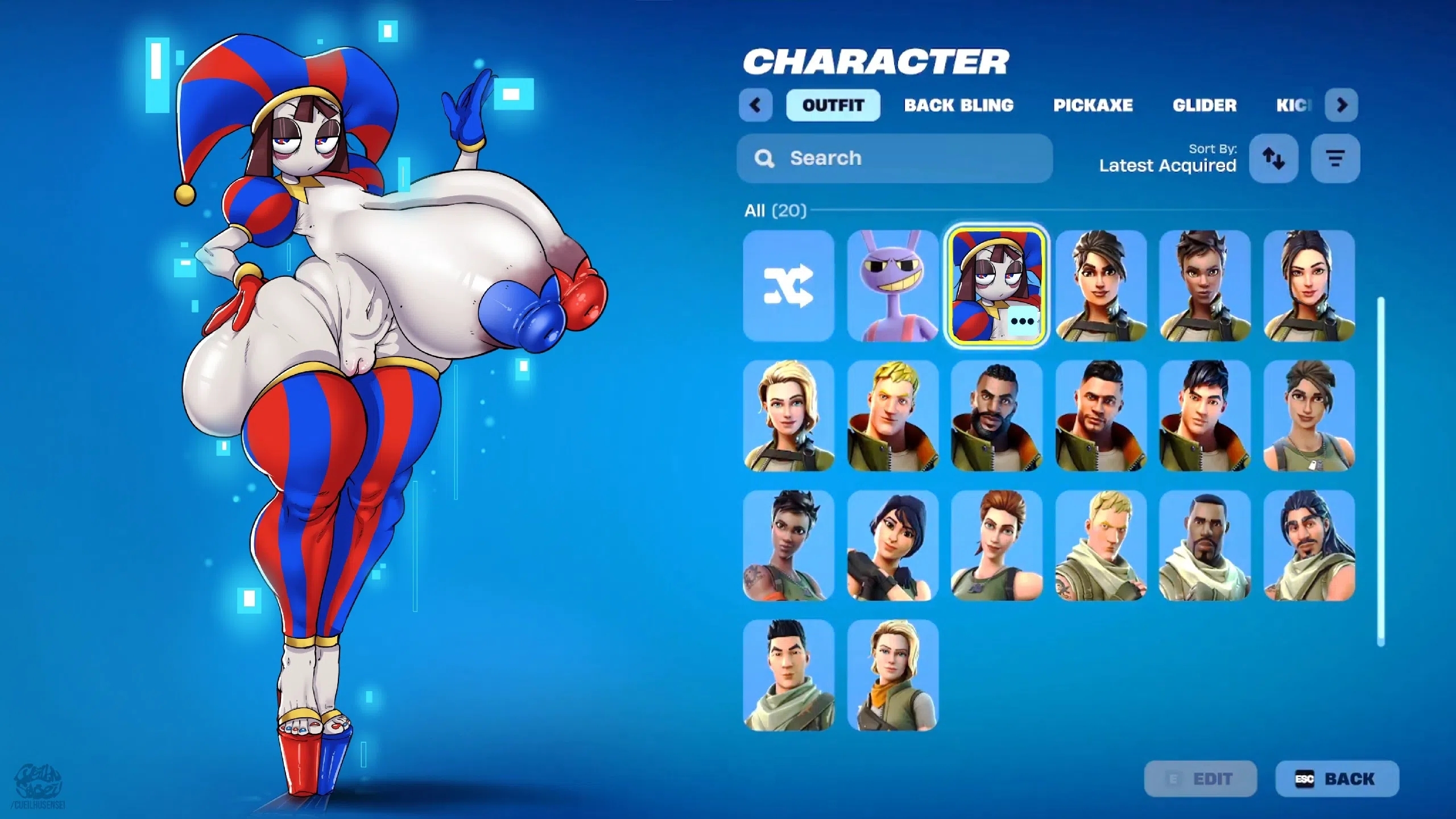 big ass, big pussy, cueilhu sensei, fortnite, fortnite: battle royale, glitch productions, gloves, high heels, jax (the amazing digital circus), jester hat, massive breasts, nipple pasties, pomni (the amazing digital circus), side view, solo, the amazing digital circus
