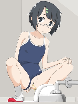 black_hair censored female glasses hand_on_knee one-piece_swimsuit peeing short_hair squat_toilet squatting swimsuit takafumi toilet toilet_use