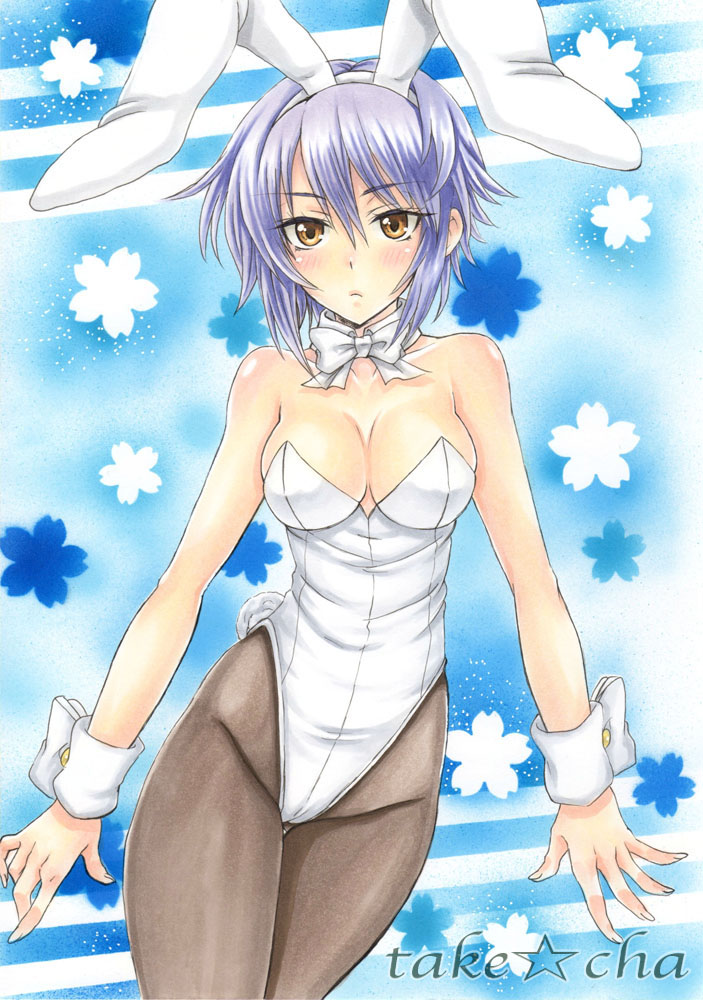 1girls animal_ears bare_shoulders blush bow bowtie breasts brown_eyes bunny_ears bunny_tail bunnysuit cleavage detached_collar female female_only human looking_at_viewer marker_(medium) nagato_yuki pantyhose purple_hair short_hair sketch solo suzumiya_haruhi_no_yuuutsu tail takecha text traditional_media watermark wrist_cuffs