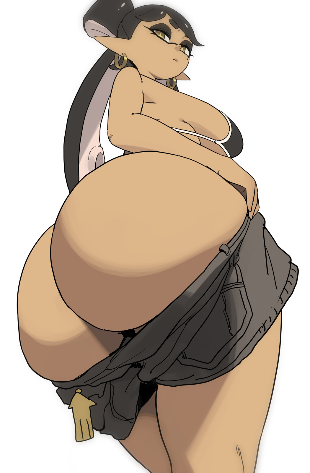 1girls, ass, big ass, big breasts, big butt, bikini, black bikini, breasts, bubble ass, bubble butt, callie (splatoon), clothes pull, curvy, dark skin, dark-skinned female, domino mask, earrings, fat ass, female, female focus, female only, highres, huge ass, jewelry, large ass, large breasts, long hair, looking at viewer, mole, mole under eye, nintendo, pointy ears, shorts, shorts pull, simple background, solo, solo female, solo focus, splatoon, splatoon (series), swimsuit, thick, twitter link, voluptuous, white background, yuta agc