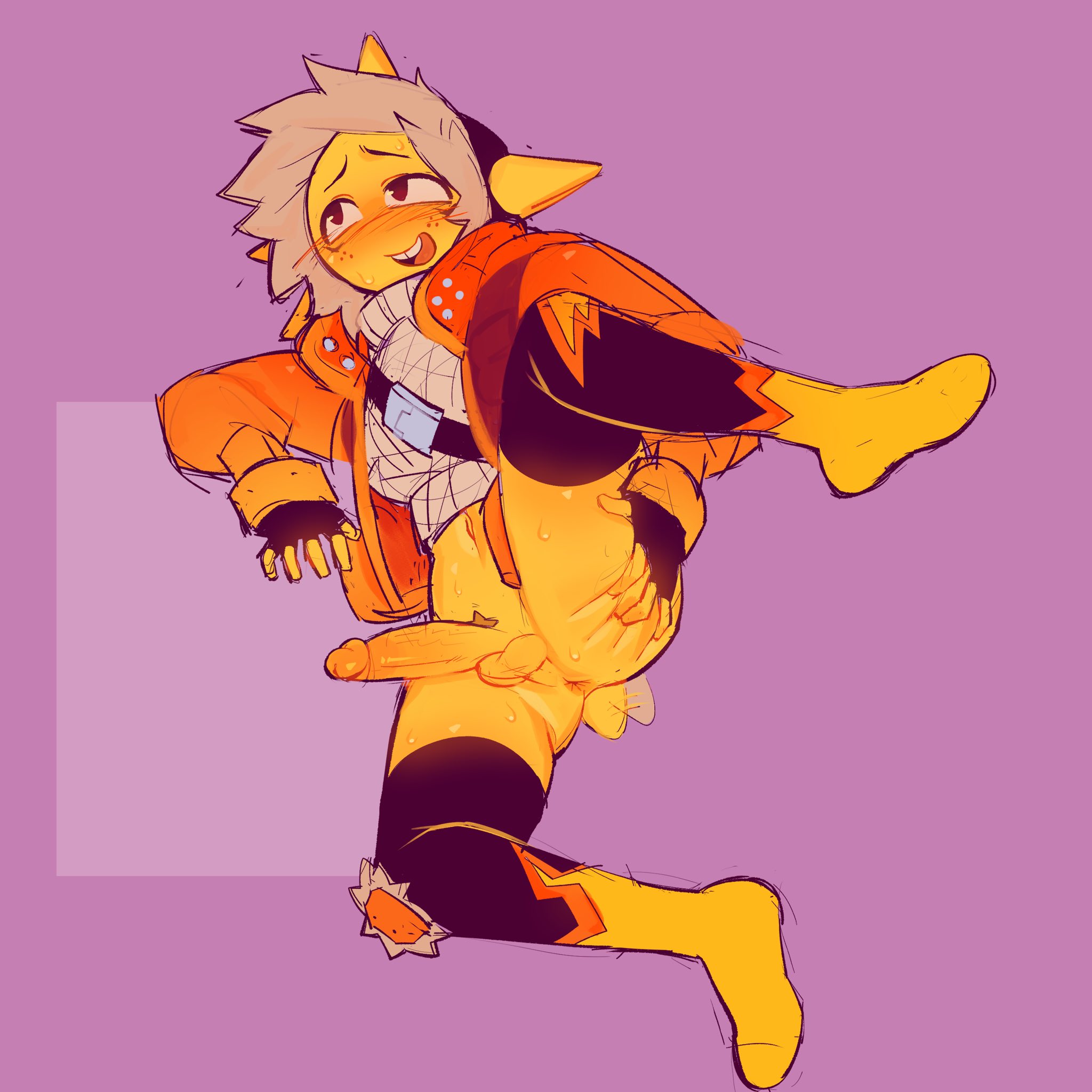 blush, boots, color, colored, elemental humanoid, epic games, fingerless gloves, fortnite, gay, gay male, gloves, hood, hooded, hooded jacket, hooded male, jacket, leg up, male, male focus, male only, mostly clothed male, non-human, non-human only, pantsless, skinny, sleepy esc, solo, solo focus, solo male, spreading anus, spreading ass, spreading butt cheeks, spreading cheeks, spreading own anus, spreading own ass, sunspot (fortnite), tail, tailwag, yaoi, yellow body