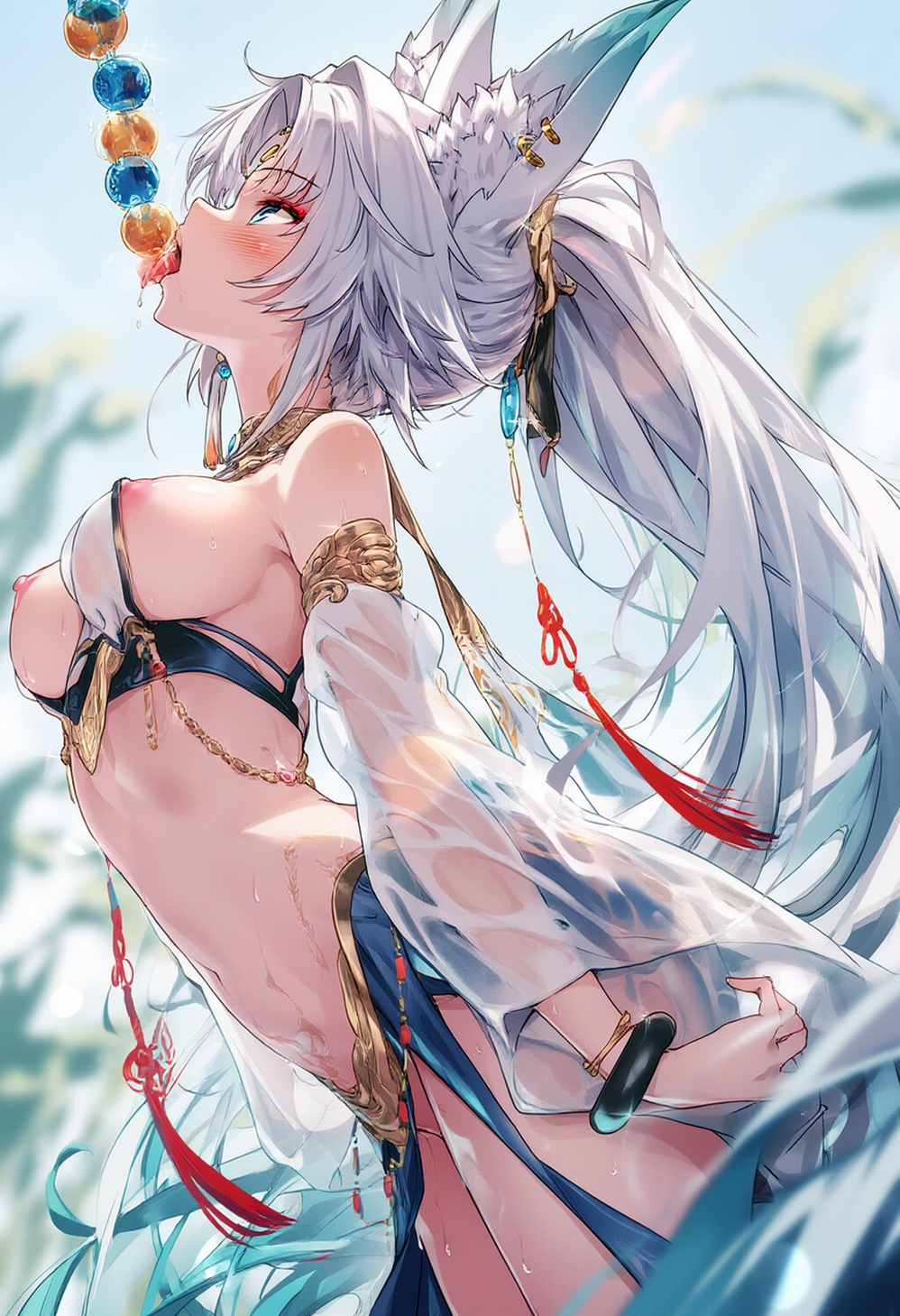 1girls, ai generated, almost naked, blush, curvy body, curvy female, curvy figure, daytime, egyptian clothes, feixiao (honkai: star rail), female, female only, honkai: star rail, licking object, nipples, nipples outside, raaicave, tongue, tongue out, white hair