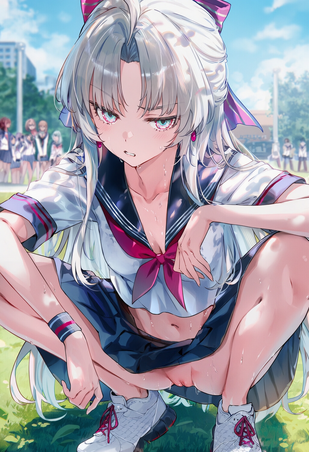 1girls, ai generated, carlotta (wuthering waves), crowd, daytime, delinquent, exhibitionism, female, female only, no panties, outdoors, people in background, public, public nudity, pussy, pussy focus, raaicave, schoolgirl, skirt, spread legs, squatting, sweating, sweating female, white hair, wuthering waves