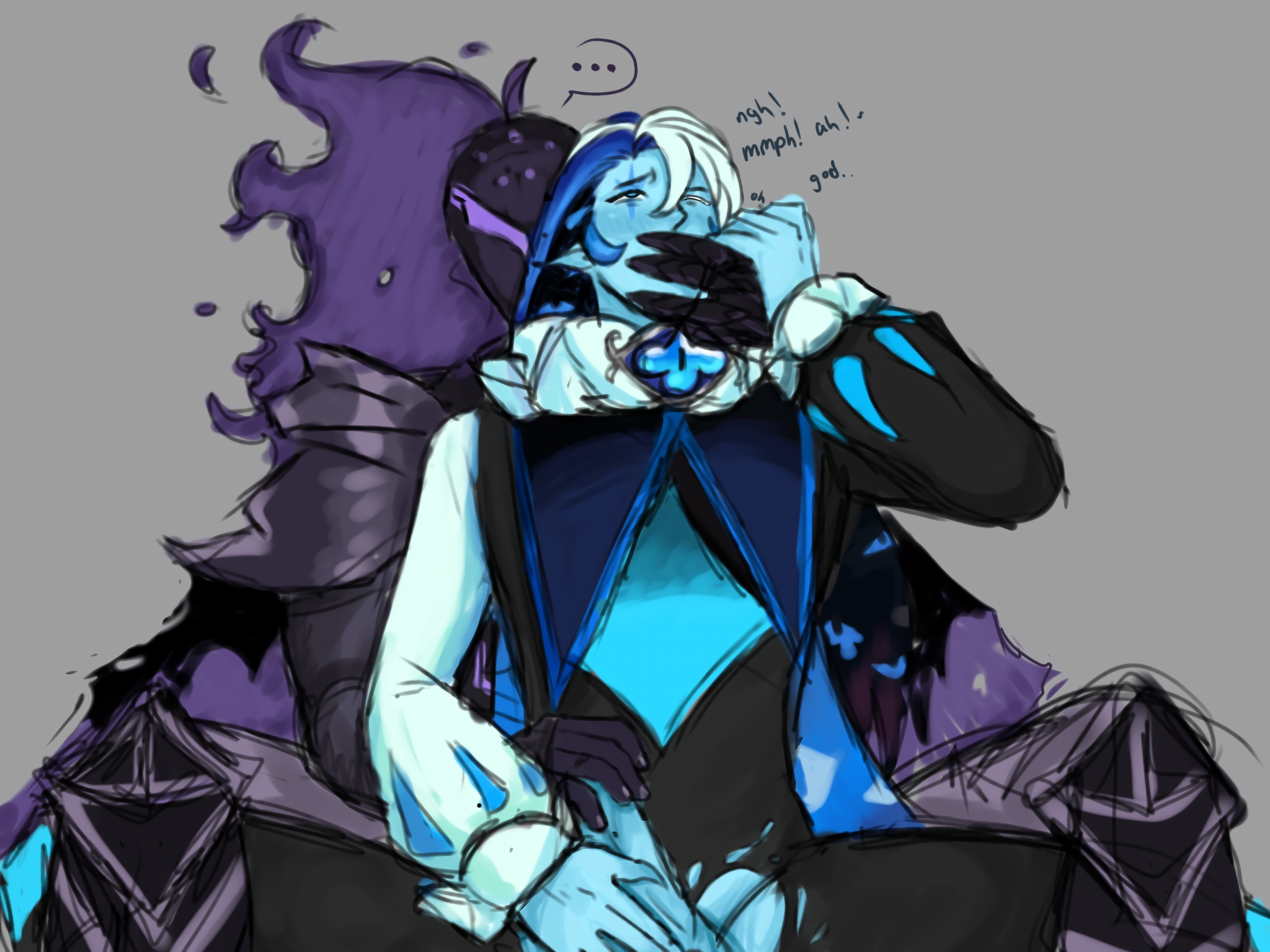 assisted masturbation, cookie run, cookie run kingdom, covering mouth, eyes rolling back, male, penis, restrained, shadow milk cookie, silent salt cookie