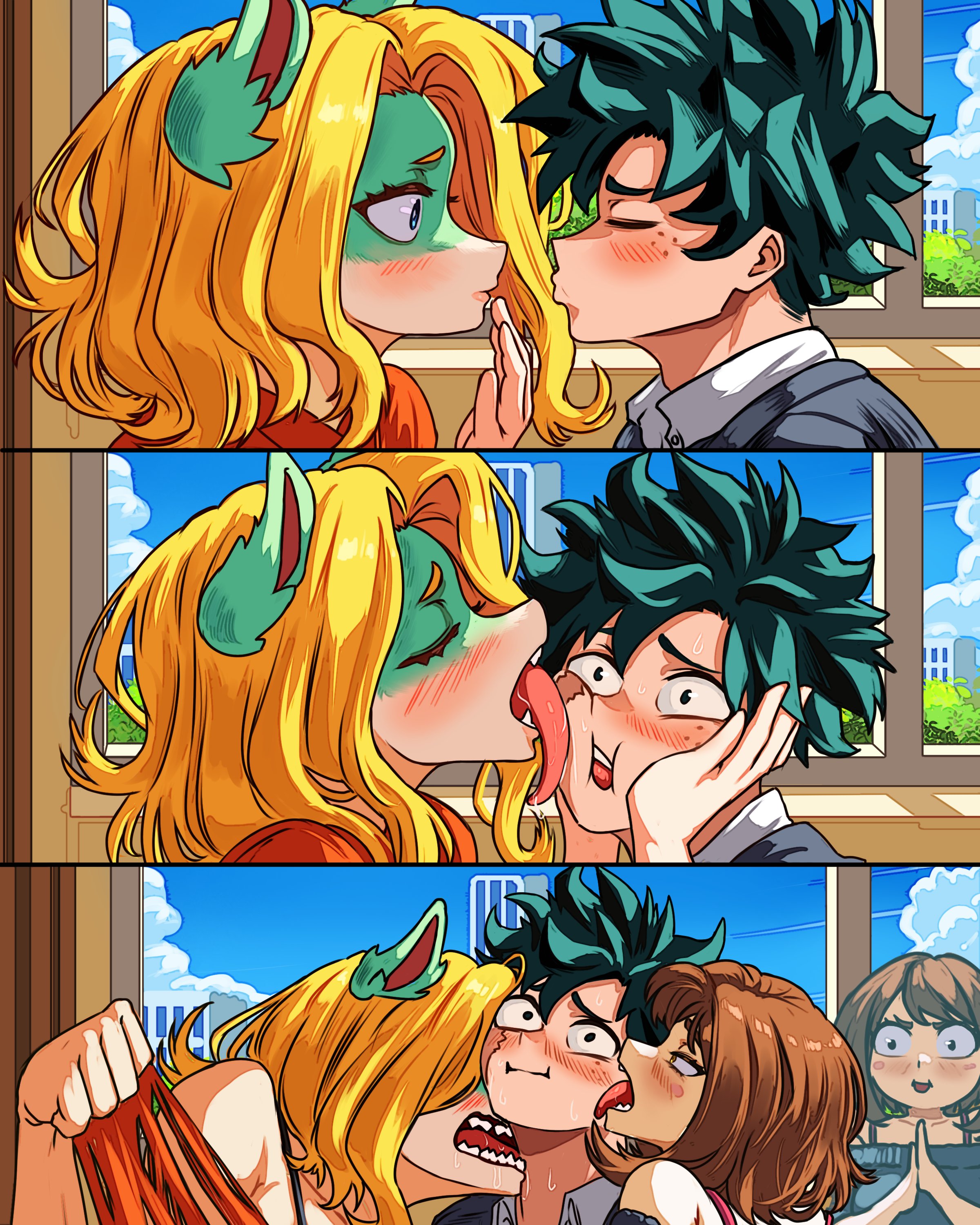 1boy, 2girls, 3girls, 3koma, aggressive, animal ears, assertive female, biting, black gums, blonde hair, blue eyes, boku no hero academia, comic, deku, face lick, female, femdom, ffm threesome, foreplay, ghost, ghost girl, green skin, green-skinned female, himiko toga, imminent kiss, instinct, ippan josei, izuku midoriya, licking, licking face, long tongue, male, midoriya izuku, my hero academia, my hero academia (finale), neck bite, ochako uraraka, out-of-frame censoring, polyamory, possession, scar, scar on face, snout, straight, tearing clothes, threesome, toga himiko, tongue, tongue out, undressing, uraraka ochako, vlizz
