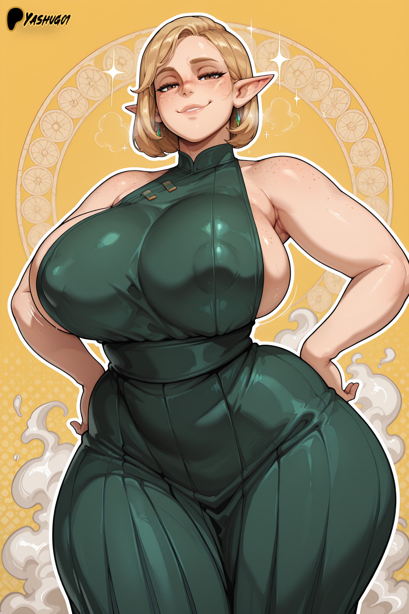 ai generated, bare thighs, blonde hair, breasts, brown eyes, elf, elf ears, elf female, female, freckles, freckles on face, gigantic breasts, huge breasts, huge thighs, light skin, light-skinned female, looking down, low-angle view, massive breasts, nipples visible through clothing, oiled body, oiled skin, original, puffy nipples, short hair, smiling, solo female, squatting, sweat, sweatdrop, thick body, thick female, thick thighs, thighs, voluptuous, voluptuous female, yashugai