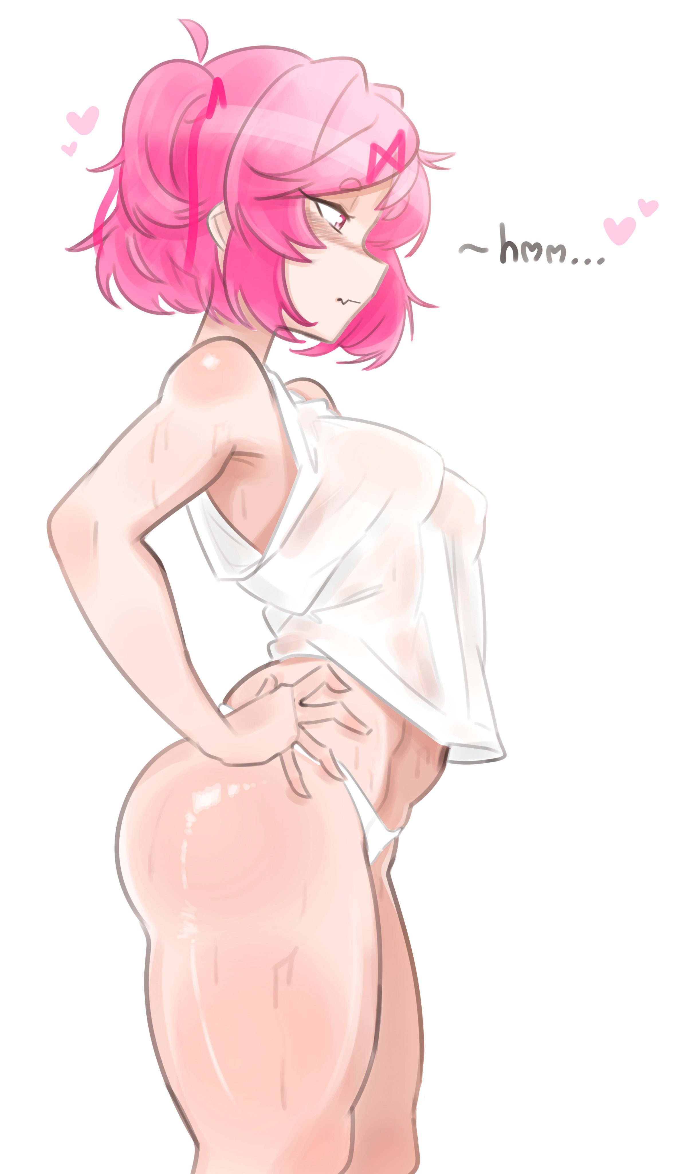 1girls, ass, cute fang, dialogue, doki doki literature club, emiillb, female, natsuki (doki doki literature club), pink hair, side view, sweat, sweaty, text, thick thighs