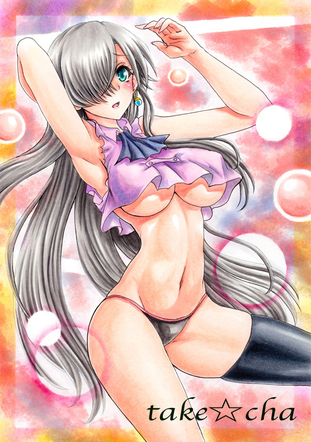 1girls aqua_eyes armpits bikini_bottom black_panties breasts brown_hair crop_top earrings elizabeth_liones erect_nipples female female_only hair_over_one_eye human jewelry large_breasts long_hair marker_(medium) nanatsu_no_taizai navel no_pants open_mouth panties pastel_(medium) single_earring single_thighhigh sketch solo takecha text thighhighs traditional_media underboob watermark