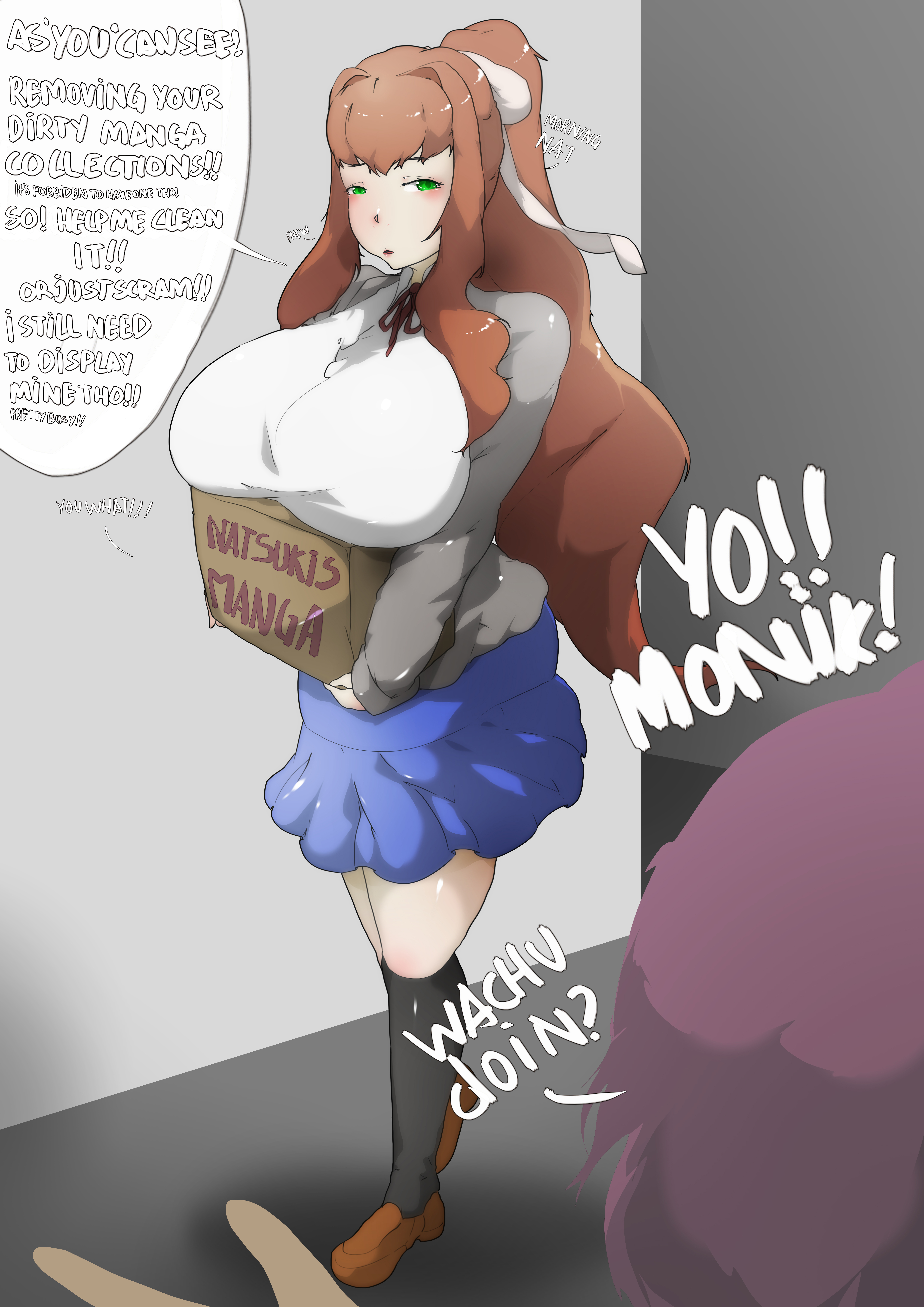 aryawhatuask, breasts, doki doki literature club, female, female only, green eyes, hair ribbon, large breasts, monika (doki doki literature club), natsuki (doki doki literature club), school uniform, text