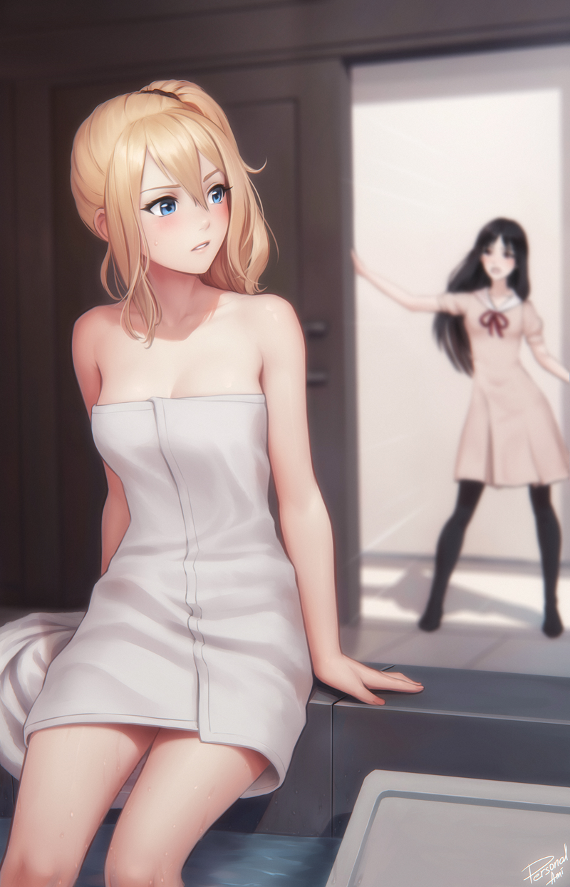 2girls, bathtub, black hair, black pantyhose, blonde hair, blue eyes, breasts, female, female only, hayasaka ai, highres, human, indoors, kaguya-sama wa kokurasetai ~tensai-tachi no renai zunousen~, long hair, looking at another, looking back, medium breasts, multiple females, multiple girls, navel, pantyhose, parted lips, personalami, school uniform, shinomiya kaguya, side ponytail, sitting, solo focus, towel, towel around waist, towel only, walk-in