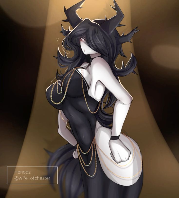 ?, 1girls, anafabula, artist request, ass, black hair, breasts, dress, female, hands on hips, horns, medium breasts, modakawa dress, mommy, scp foundation, scp-2747, wife ofchester