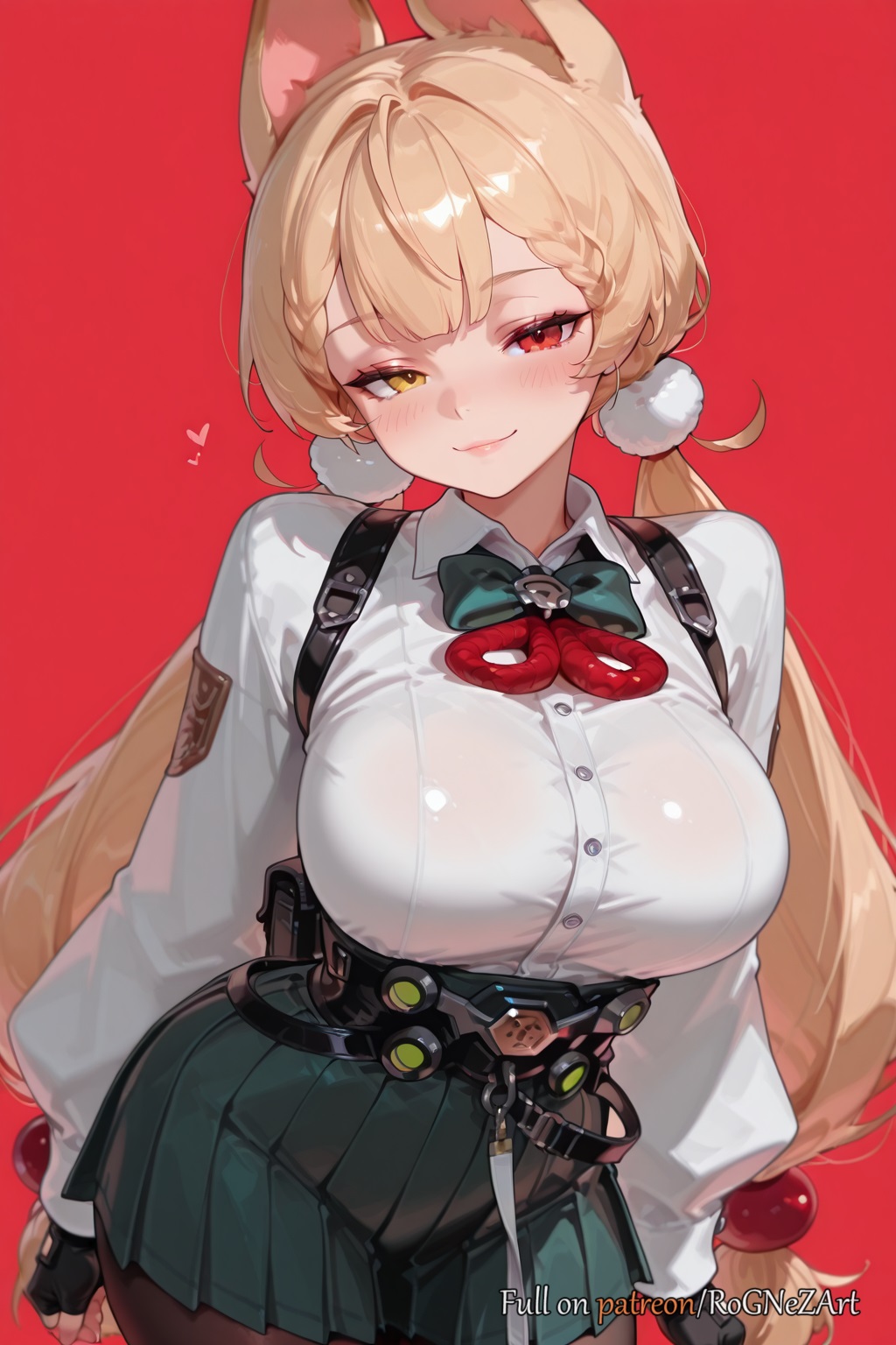 1girls, 2025, ai generated, alice thymefield, animal ears, bangs, black gloves, blonde hair, blush, bow, bowtie, braid, breasts, chest harness, closed mouth, collared shirt, cowboy shot, female, female focus, female only, fingerless gloves, gloves, hair bobbles, hair ornament, harness, heart, heterochromia, hoyoverse, large breasts, long hair, long sleeves, looking at viewer, low twintails, mihoyo, pantyhose, pleated skirt, pom pom hair ornament, red background, red eyes, rognezart, shirt, simple background, skirt, smile, solo, twintails, very long hair, white shirt, yellow eyes, zenless zone zero