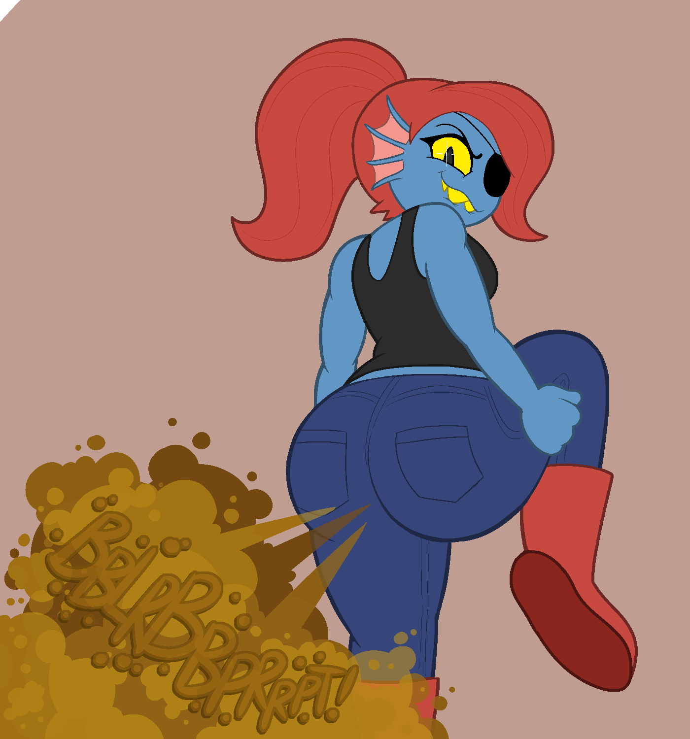 2022 blue_skin brown_fart clothing fart fart_cloud fart_fetish farting farting_at_viewer farts female female_farting fish_girl lifting_leg onomatopoeia ponytail red_hair smirk smirking_at_viewer sorollos stench stink stink_fumes stinky teeth toby_fox undertale undertale_(series) undyne vest yellow_sclera