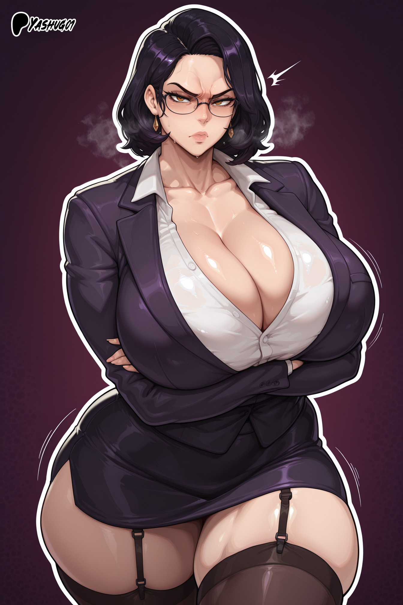 ai generated, angry expression, bare thighs, black hair, breasts, brown eyes, female, garter belt, gigantic breasts, glasses, huge breasts, huge thighs, light skin, light-skinned female, looking at viewer, massive breasts, mature female, milf, office lady, oiled body, oiled skin, original, short hair, solo female, squatting, sweat, sweatdrop, thick body, thick female, thick thighs, thighs, voluptuous, voluptuous female, yashugai