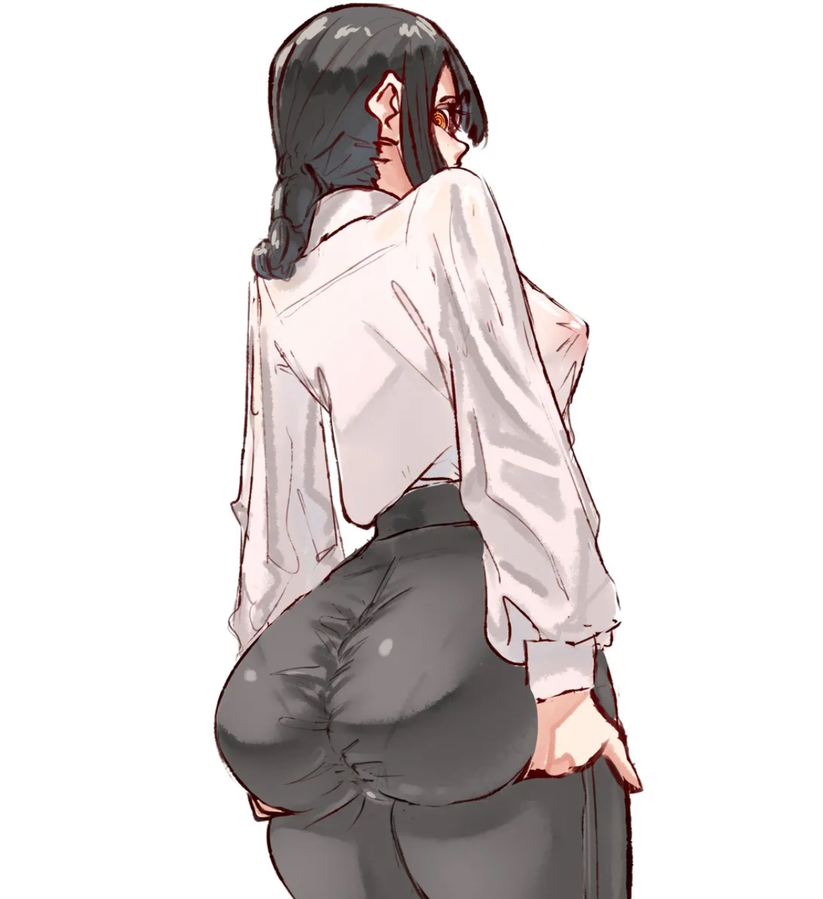 1girls, ass, ass outline, big ass, black hair, booty, braided hair, chainsaw man, cute, cute female, female, female only, fully clothed, fully clothed female, hands under ass, japanese female, nayuta (chainsaw man), nipple bulge, nipples, nipples bulge, nipples visible through clothing, orange eyes, pale-skinned female, pants, pants on, petite, petite female, pink nipples, see-through, see-through clothing, see-through shirt, sexy, sexy body, sexy female, sideboob, slender waist, small breasts